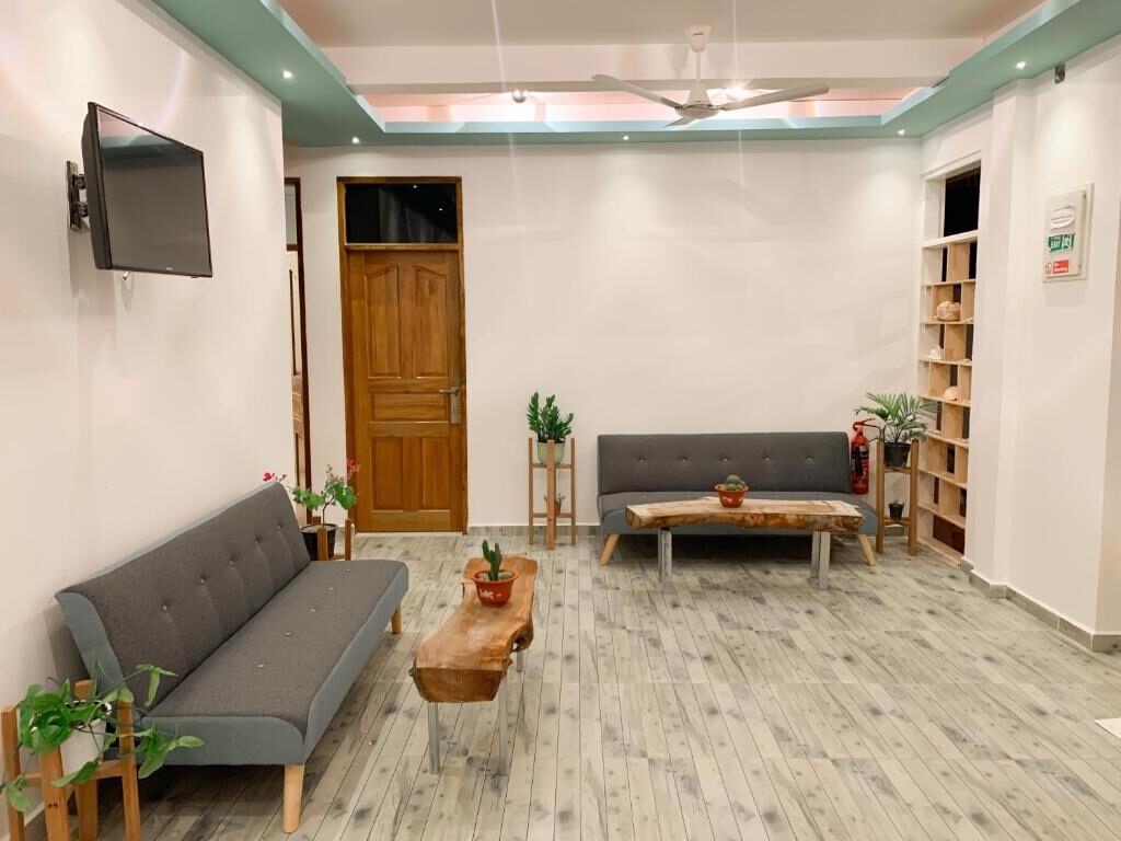 Shared lounge with sofas and TV area